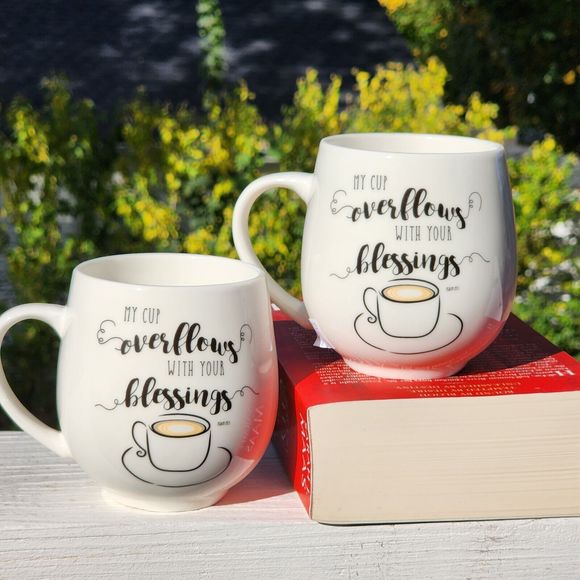 Set of 2 Ceramic Coffee Mug Double Sided My Cup Overflows With Your Blessings - Picture 2 of 14